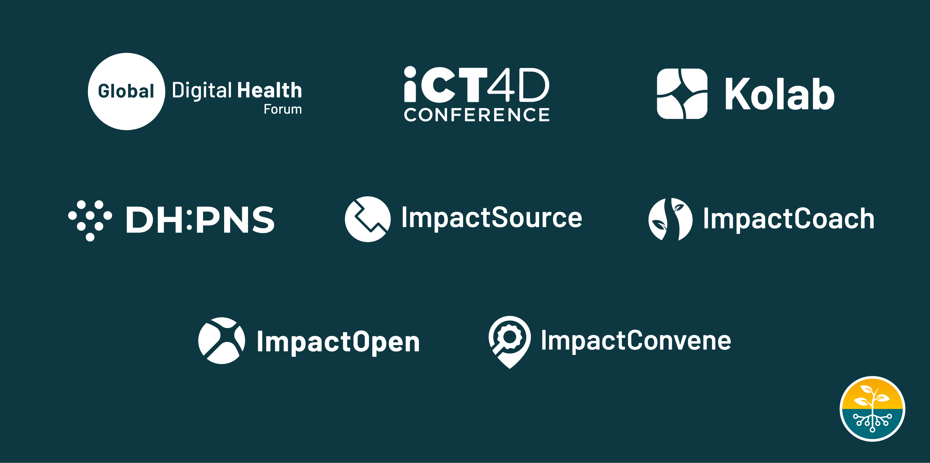 The TechChange family of platforms: GDHF, ICT4D, Kolab, Digital Health Training, ImpactSource, and ImpactCoach connected around TechChange at the center