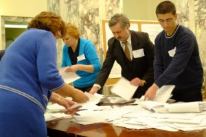 Counting gets underway at a polling station in Moscow following Russia's Presidential election, 4 March 2012.*