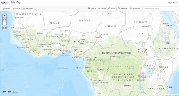 An ArcGIS map produced by one of Tom Mueller’s students indicating the locations of early Ebola incidents.