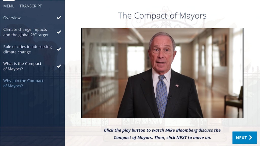 A screenshot from Module 1: Introduction to the Compact of Mayors.